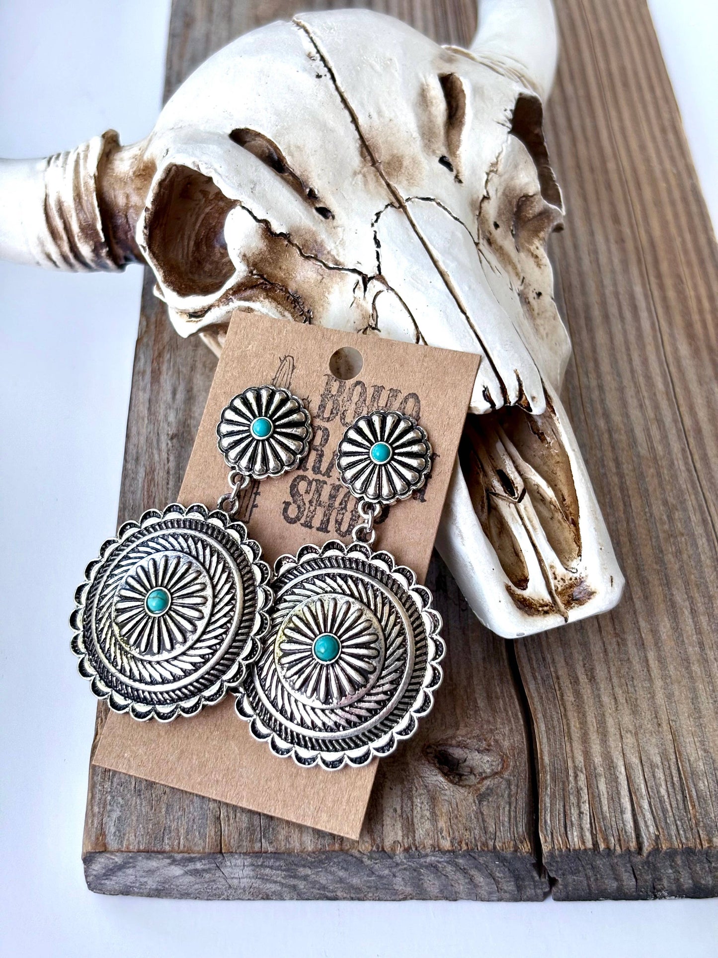 Western Round Concho w/ Stone Statement Post Drop Earrings