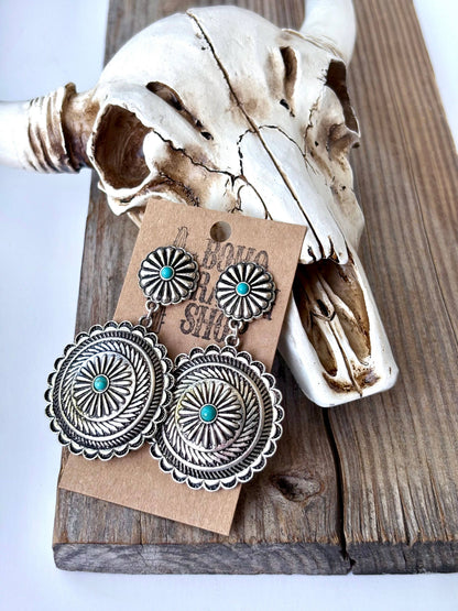 Western Round Concho w/ Stone Statement Post Drop Earrings
