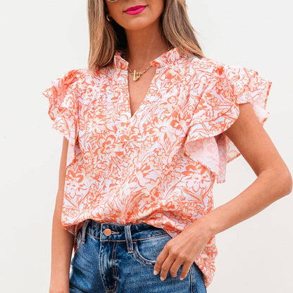 Floral Ruffle Sleeve Split Neck Blouse