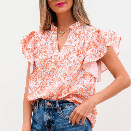 Floral Ruffle Sleeve Split Neck Blouse