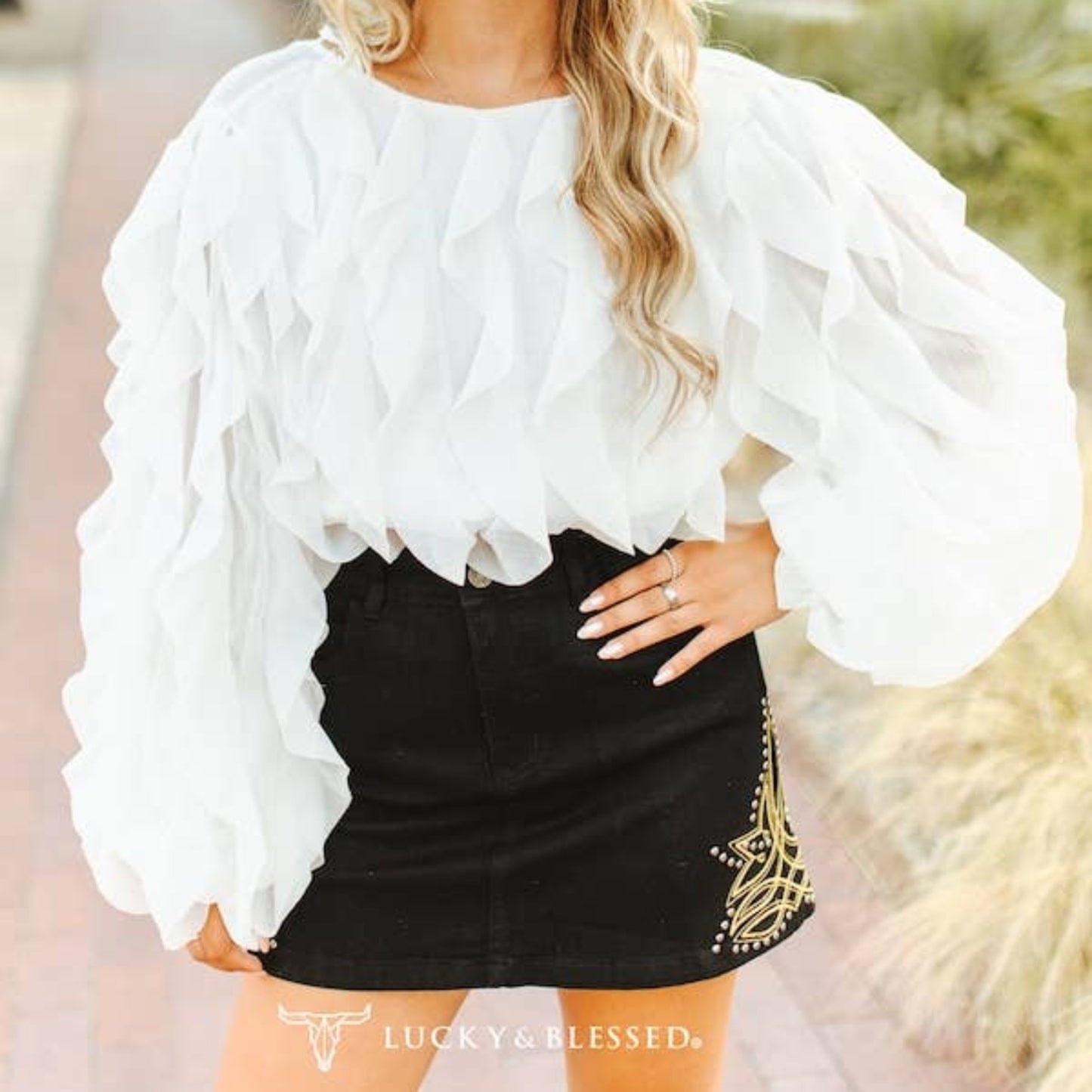 Ivory Ruffle Long Sleeve Elastic Waist Cuff OpenTie Back Top