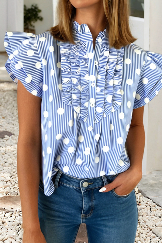 Polka Dot Striped V Neck Ruffle Sleeve Shift Shirts