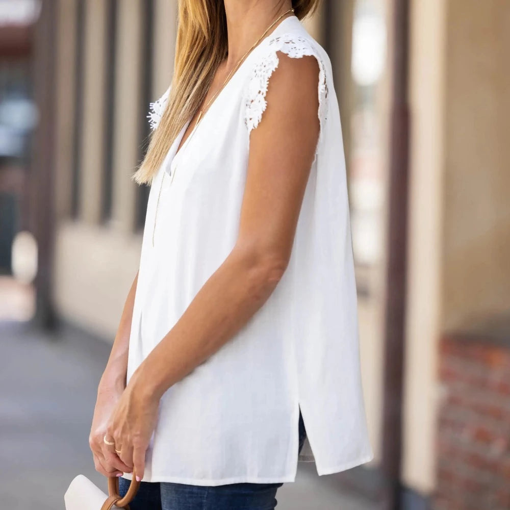 White V-Neck Lace Sleeve Top