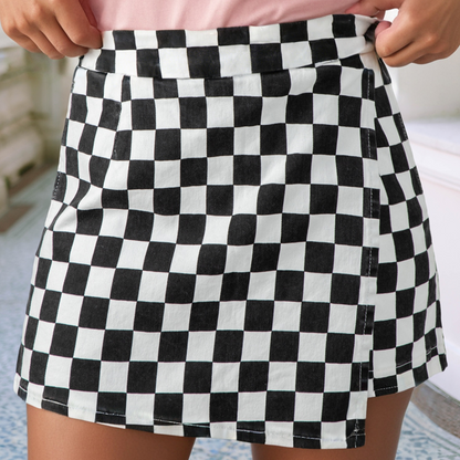 Checkered Print Overlap Mini Skort