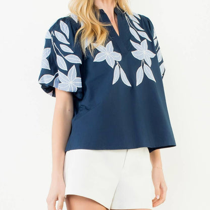 Puff Sleeve Floral Embroidery V-Neck Top
