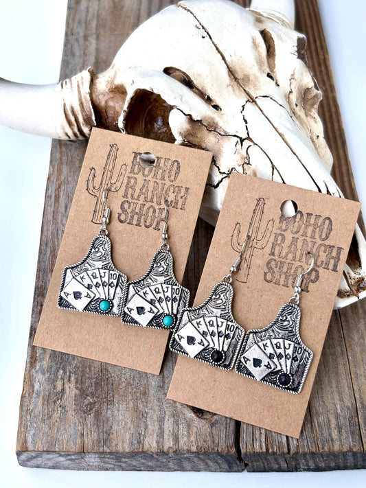 Western Playing Card with Stone Drop Dangle Earrings