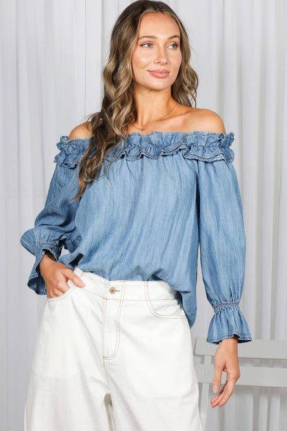 Casual Off The Shoulder Chambray Denim Blouse VT83373