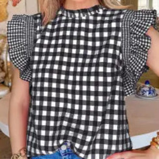 Gingham Plaid Ruffle Sleeve Blouse