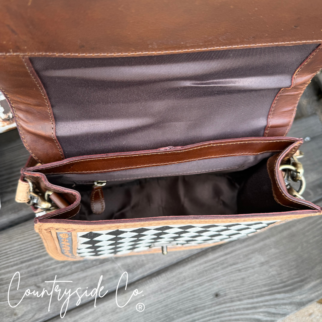 Zadie Tooled Leather Checkered Handbag, Hand Painted