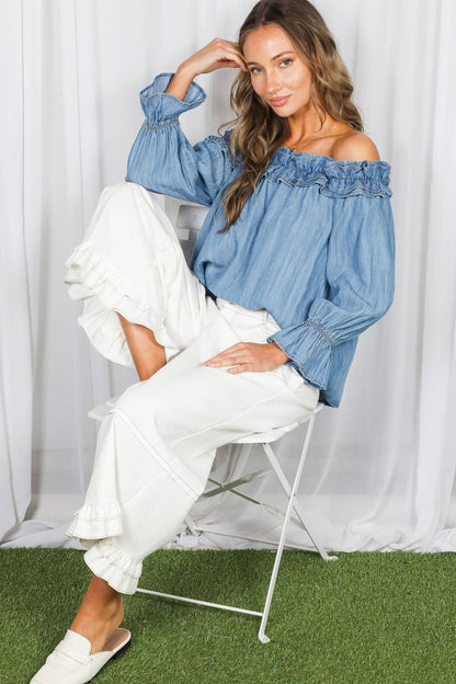 Casual Off The Shoulder Chambray Denim Blouse VT83373