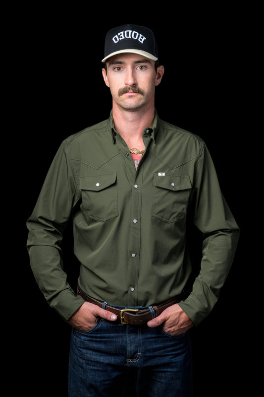 CORE - MEN'S OLIVE GREEN LONG SLEEVE PEARL SNAP SHIRT